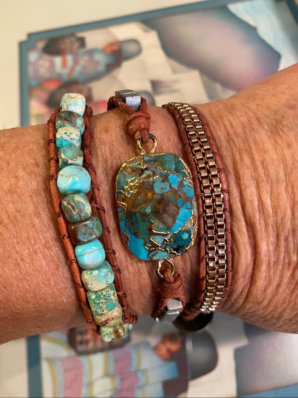 Moon Dance Genuine Turquoise Wrap Bracelet Boho Leather Lion Clasp